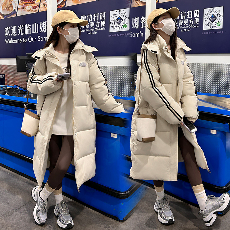 2024 nuevo abrigo de algodón de pluma para mujeres largo encapuchado abrigo de algodón coreano chaqueta de algodón suelta chaqueta de pan abrigo de estudiantes de moda