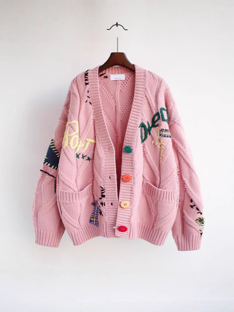 Moda estilo perezoso bordado suéter mujer otoño e invierno 2025 nuevo diseño de letras sentido suéter suelto chaqueta marea