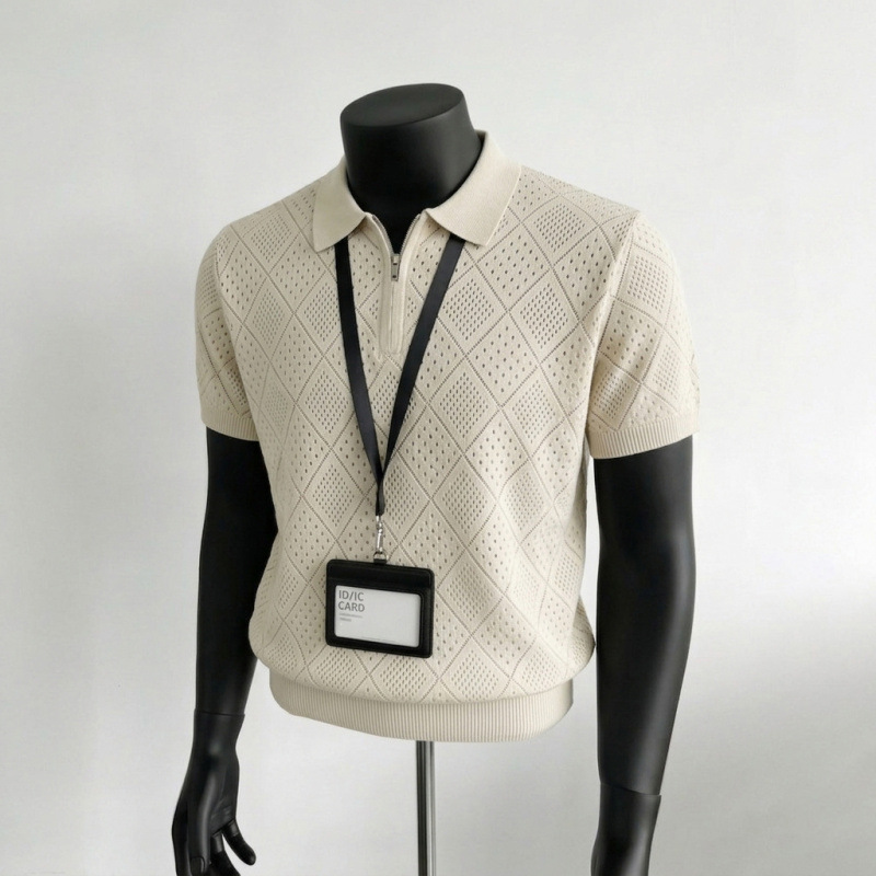 Men's Business Casual Short Sleeve Polo Shirt Summer Old Fashioned Hollow Knitwear Thin T-Shirt for Men_viptrois.com
