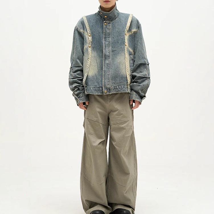 Americano retro costura Denim abrigo de primavera y otoño de los hombres de diseño suelto sentido nicho casual todo-Juego de ropa de trabajo chaqueta superior