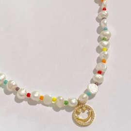 ins夏日彩虹珠串异形淡水珍珠锁骨链 博主同款小众设计笑脸颈链