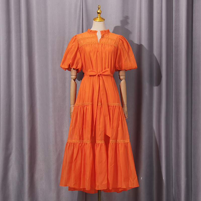 Simple Retro Maxi Dress Crew Neck Hollow Out Cutout Puff Sleeve Lace up Dress 17 Simple Retro Maxi Dress Crew Neck Hollow Out Cutout Puff Sleeve Lace Up Dress