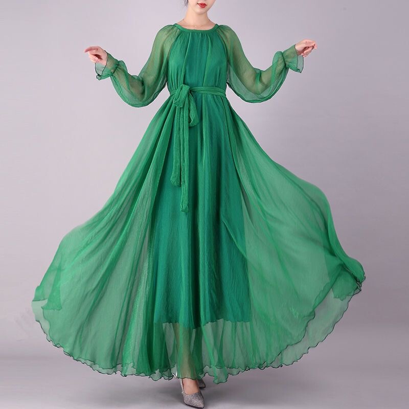 Beach Dress Chiffon Ultra-Long Fairy Dress with Large Hem, New Spring and Summer Style, Long-Sleeved Loose Tie-Up Plus-Size Dress Beach Dress Chiffon Ultra-Long Fairy Dress with Large Hem, New Spring and Summer Style, Long-Sleeved Loose Tie-Up Plus-Size Dress