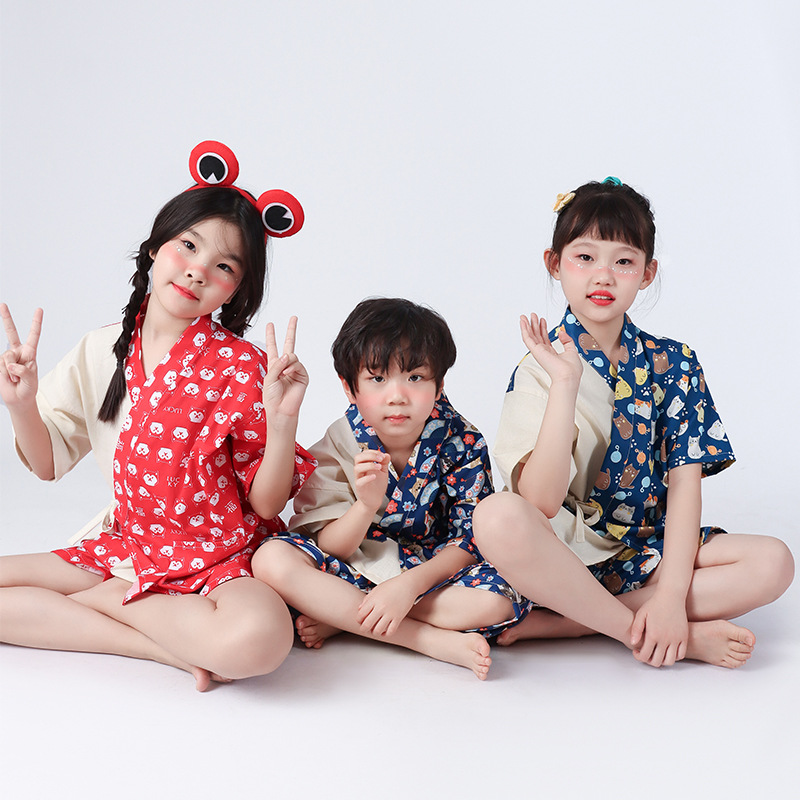 23新款儿童夏季和服睡衣套装短裤短袖女童男童卡通浴服汗蒸服亲子