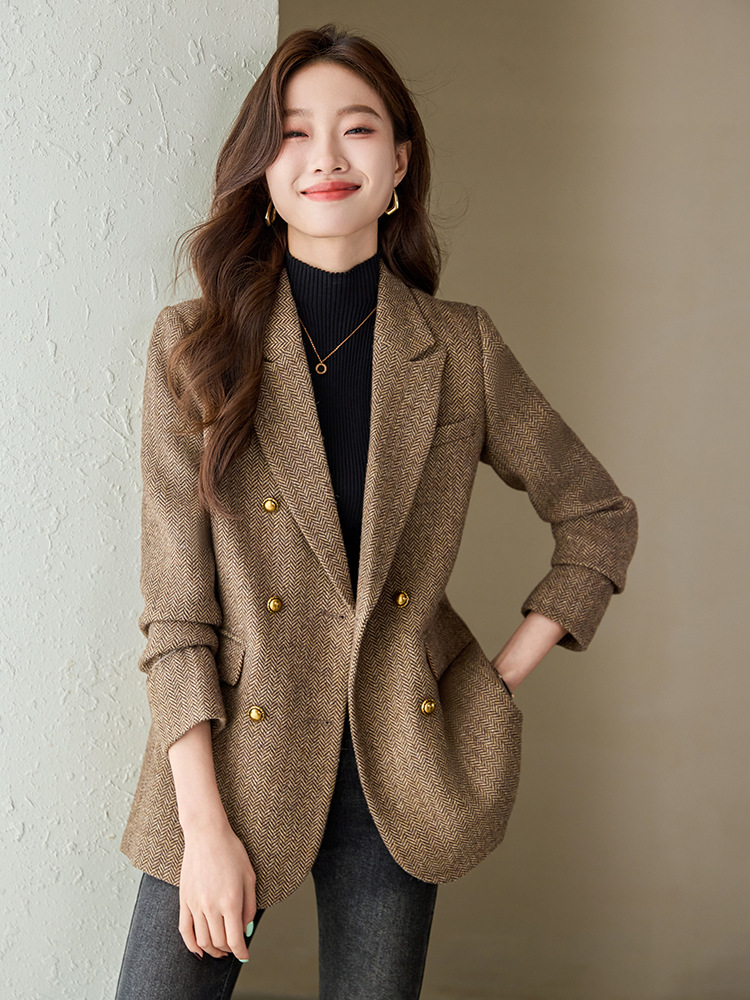 【海外貿易人気商品】高級ウールコーヒー色の綿入りスーツジャケット レディース 2026春秋 韓国風ダブルブレストジャケット