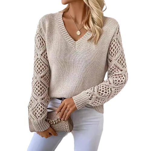 Spring and Autumn Knitted Top for European and American Women, Elegant V-Neck Hollow Long Sleeve Solid Color Knit Top