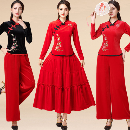 Square dance clothing new set  autumn winter velvet dance performance dress for women fan dance dancing clothes