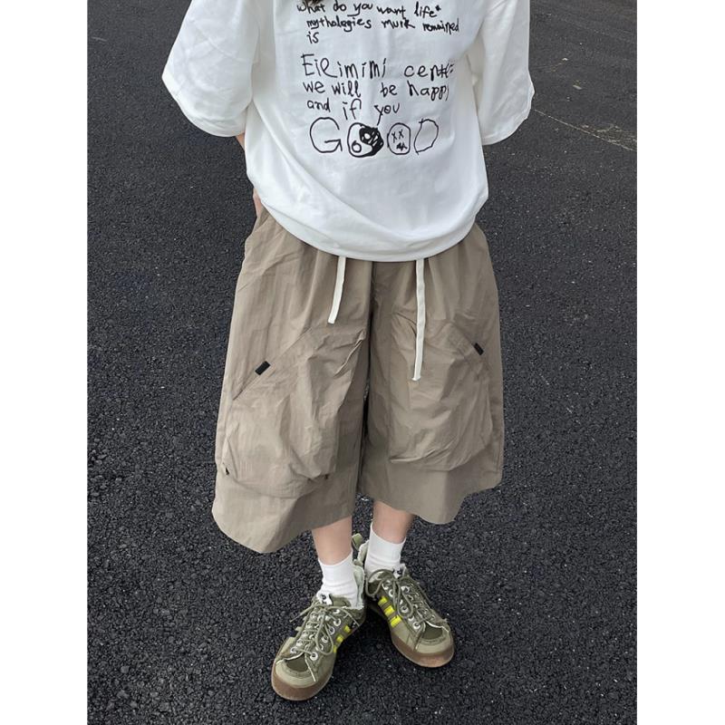 Hong Kong Style Retro Functional Large Pocket Shorts for Men, Summer Trendy Brand Loose Casual Wide-Leg Cargo Quick-Dry Cropped Pants