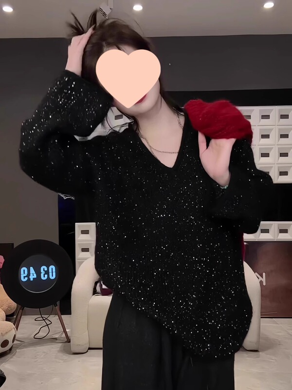 2025新款设计感秋装上衣重工细闪亮片毛衣女宽松外搭女装针织衫|undefined