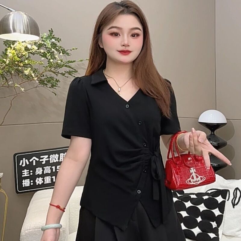 Pleated Strap Design Polo Shirt Women's Short-Sleeved T-Shirt Summer Pure Cotton Slimming Look Large Size Fat mm T-Shirt Top 100kg Pleated Strap Design Polo Shirt Women's Short-Sleeved T-Shirt Summer Pure Cotton Slimming Look Large Size Fat mm T-Shirt Top 100kg