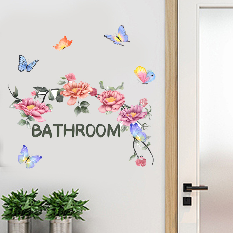 Cross-Border Flower Butterfly English Bathroom Wall Sticker Door Sticker Bathroom Decorative Wall Sticker Self-Adhesive Wall Sticker