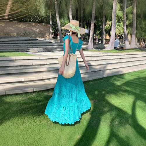 New Arrival Flared Sleeve Single-Breasted Embroidered Hollowed-Out Patchwork Maxi Dress