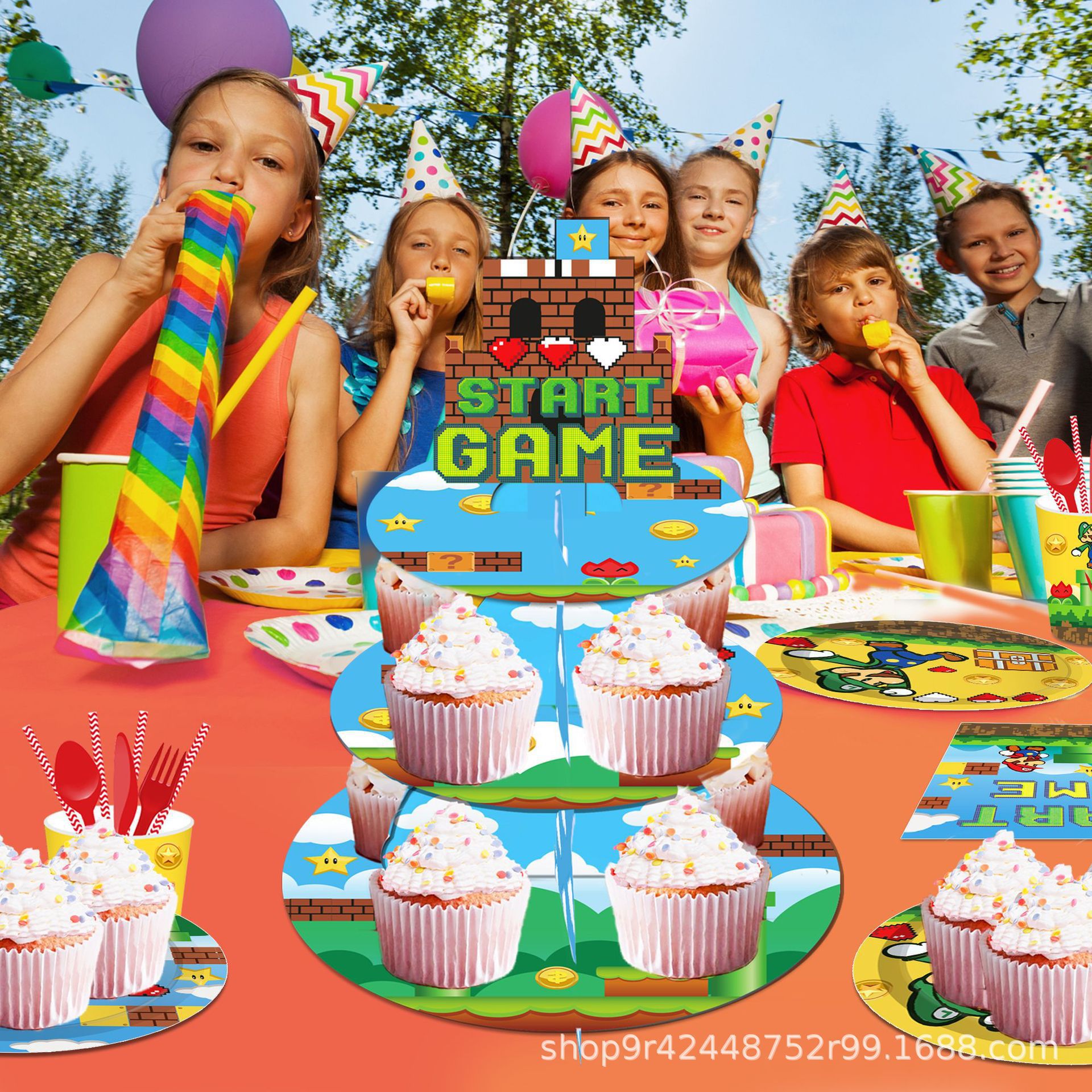 DT089 game Mario my World birthday party three-layer cake table tower shelf baking pastry