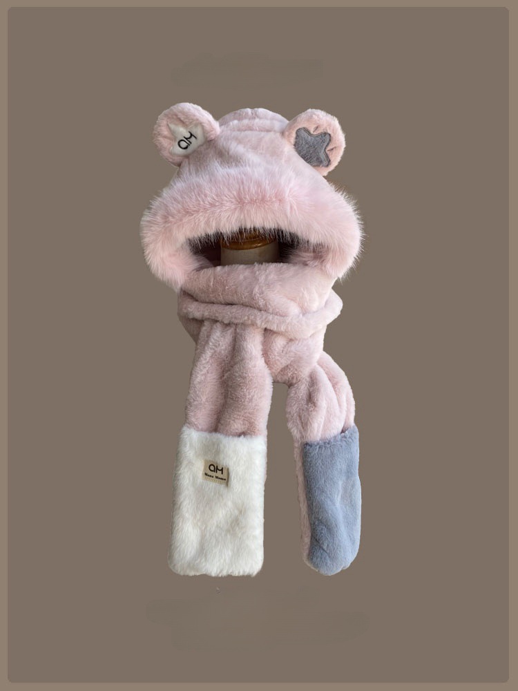 Añadir vello grueso lindos sombrero bufandas de oso en un conjunto de dos piezas para mujeres otoño y invierno nuevo buñuelo de peluche cálido con sombrero