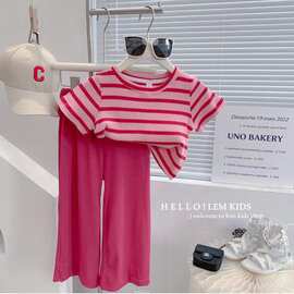 女童套装时髦洋气夏装新款条纹短袖T恤儿童垂感防蚊阔腿直筒裤潮