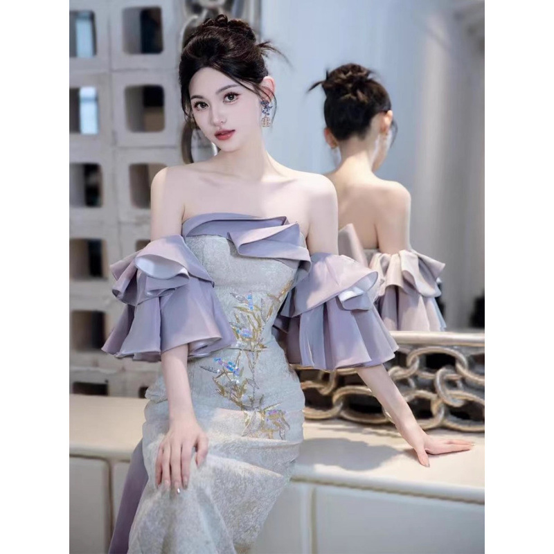 新しい中国風のドレッシングガウン女性のための 2025 新しいハイエンド紫色のチューブトップブライダル婚約ドレスデザインニッチ乾杯ドレス|undefined