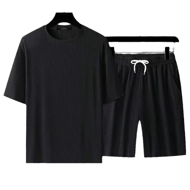 Camisas, menos ropa, ropa deportiva a rayas de seda de hielo, pantalones cortos de manga corta sueltos de gran tamaño de verano para hombres, ropa casual