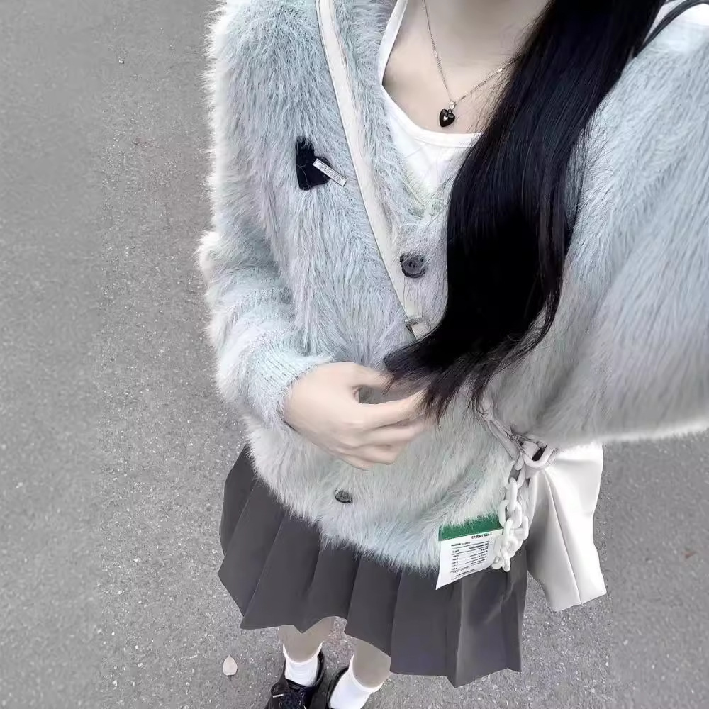 软糯水貂绒毛衣外套女秋冬宽松韩系慵懒风高级绿针织开衫上衣