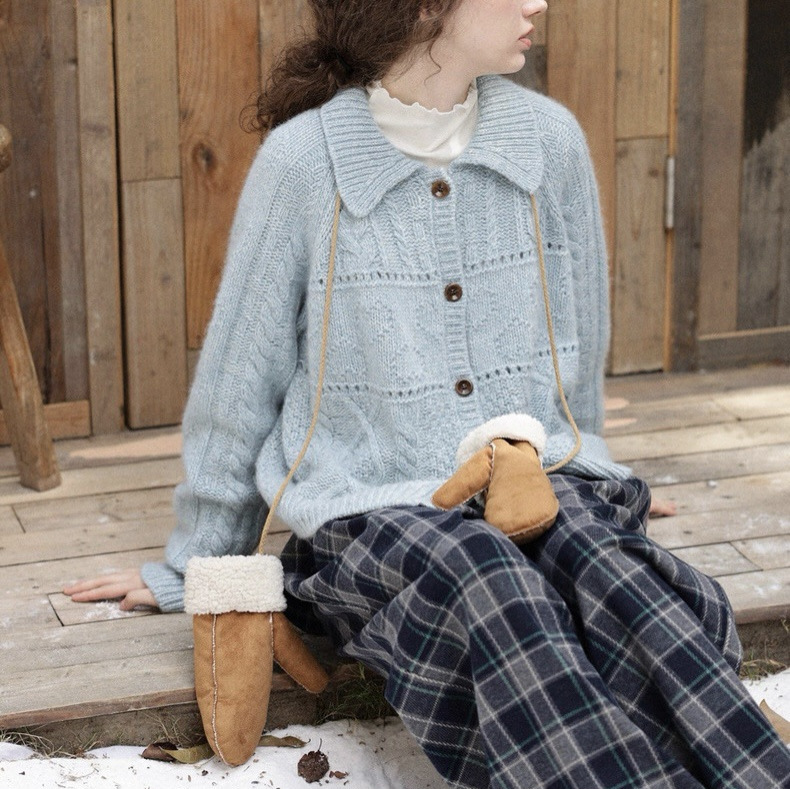 Scandinavian Snow Season' Camel Hair Blended Yarn Quilted Cable Lapel Two-Color Wool Knitwear