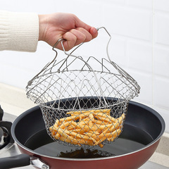 Stainless steel foldable deep fryer basket, household oil draining basket, kitchen small tool, washing vegetable deep fryer mesh basket, multi-functional filter net