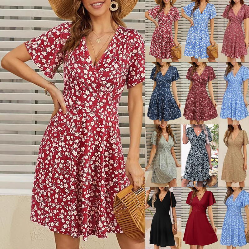 2026 Spring European and American Cross-Border New Style Women's Floral Short-Sleeve Wrap V-Neck A-Line Dress 2026 Spring European and American Cross-Border New Style Women's Floral Short-Sleeve Wrap V-Neck A-Line Dress