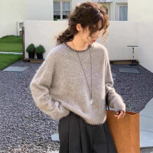 2025秋冬新款灰色软糯毛衣慵懒风宽松针织打底100%纯羊毛衫女圆领