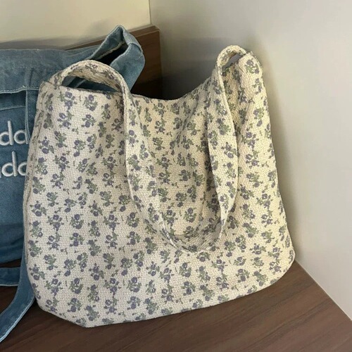 Korean-style niche floral canvas bag for women, 2024 new model, large capacity commute shoulder bag with texture, versatile tote bag