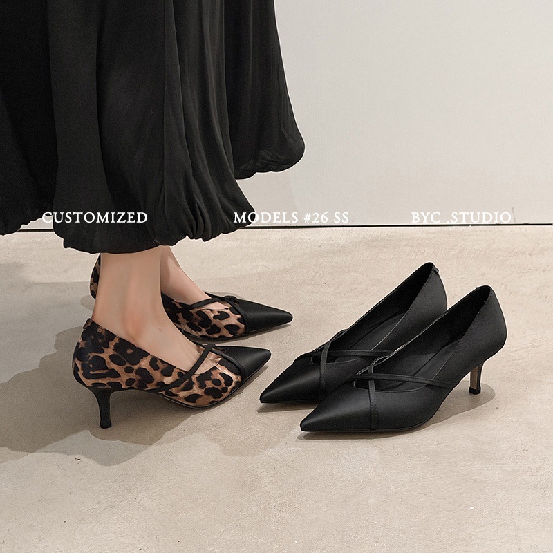 Giày cao gót nữ mũi nhọn da thật họa tiết da báo gót nhọn 9 cm — màu đen, Màu da báo chi tiết 41