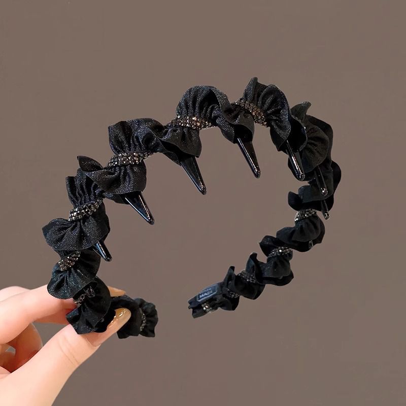 Dulce malla de perlas negras onduladas bandas de cabello para mujeres de alto nivel de sensación de cabello flojo raíz clip de cabello alto cráneo cara pequeña bandas de cabeza