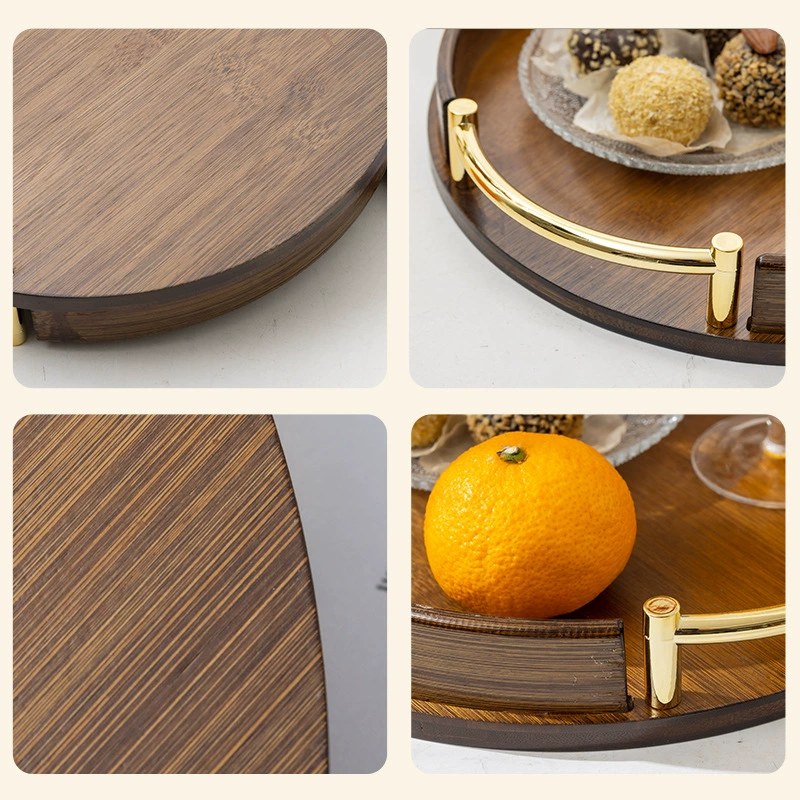 Bamboo serving tray, round with handles, wood‑tone finish, 25/30/35 cm