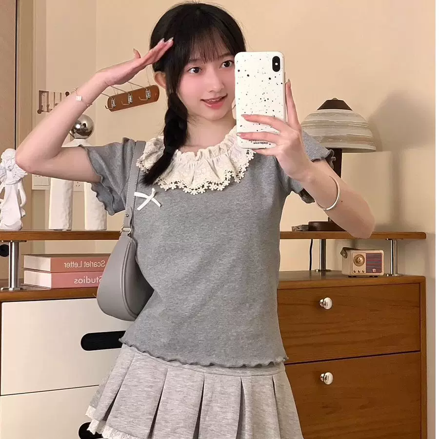 韩系chic蕾丝拼接正肩短袖t恤女2025夏季新款小个子修身短款上衣