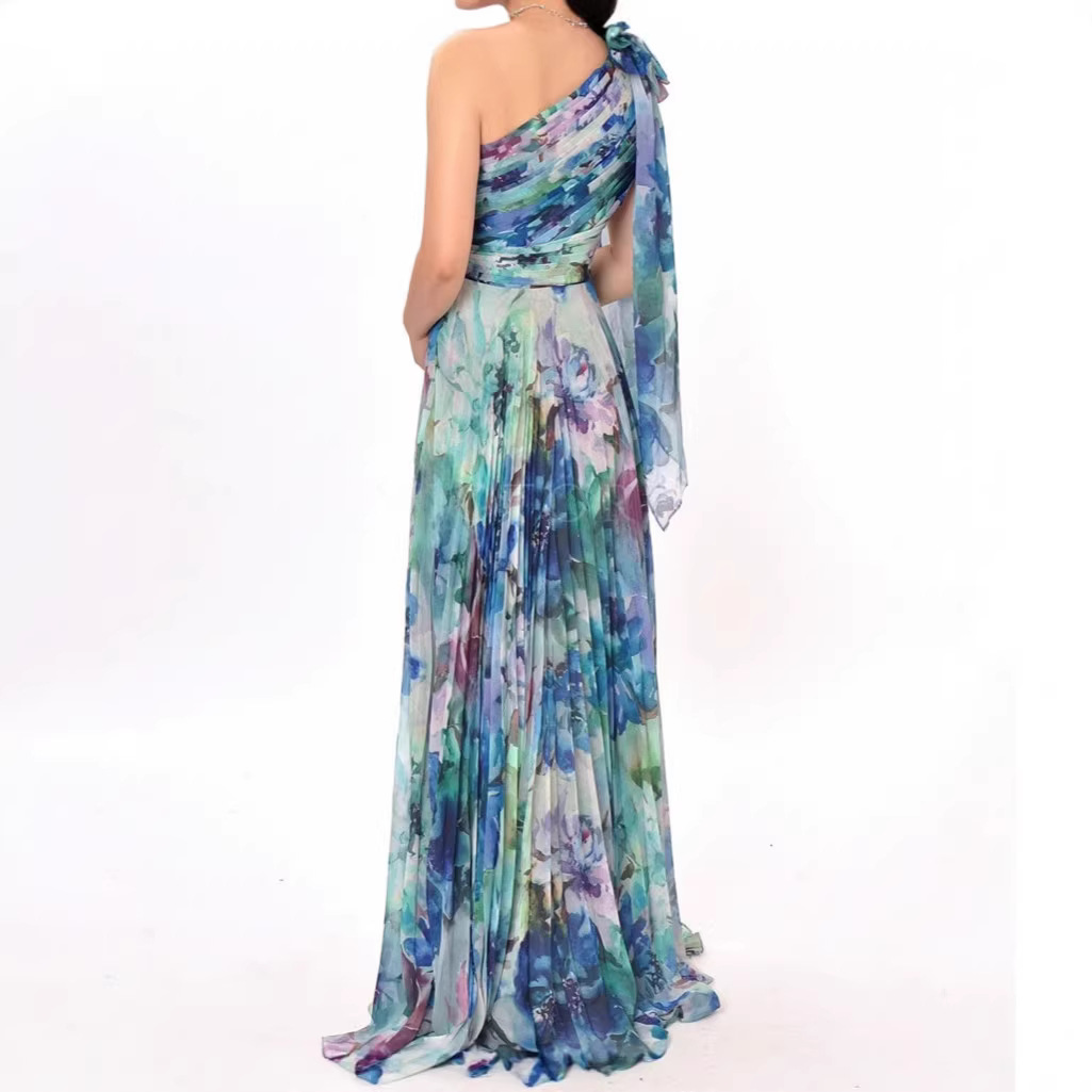 New Bohemian Vacation Style One Shoulder Shirred Lolita Big Swing Printed Dress Bohemian Holiday Printed Dress For Women_ecoleips.com