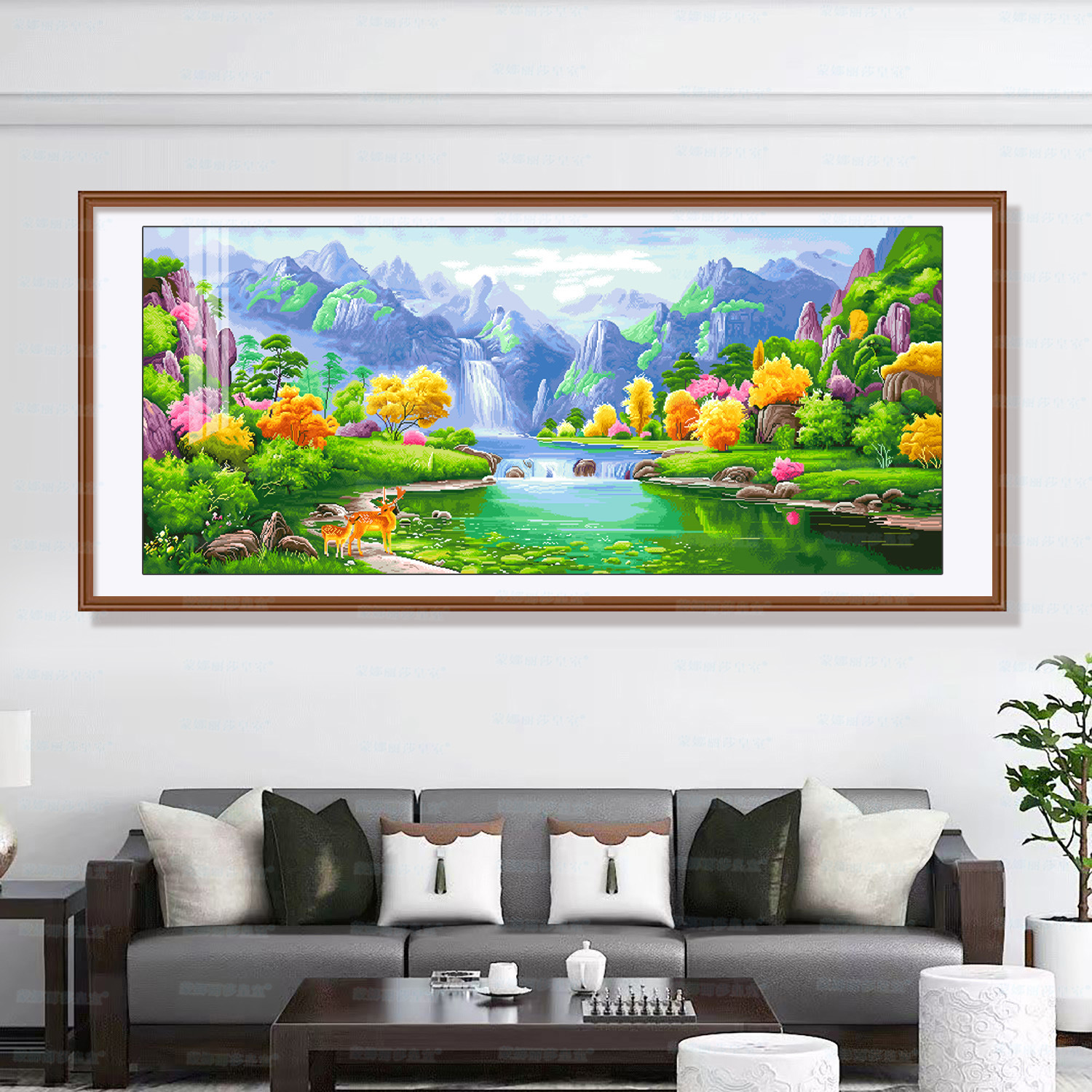 Mona Lisa, Pintura de Paisaje Bordada a Mano con Puntos de Cruz, Montañas Verdes y Agua Verde, Ciervo de la Fortuna, Decoración Grande para Sala de Estar image 5