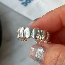 韩国椭圆形s925纯银戒指女时尚简约风手饰小众设计感亮面活口素圈