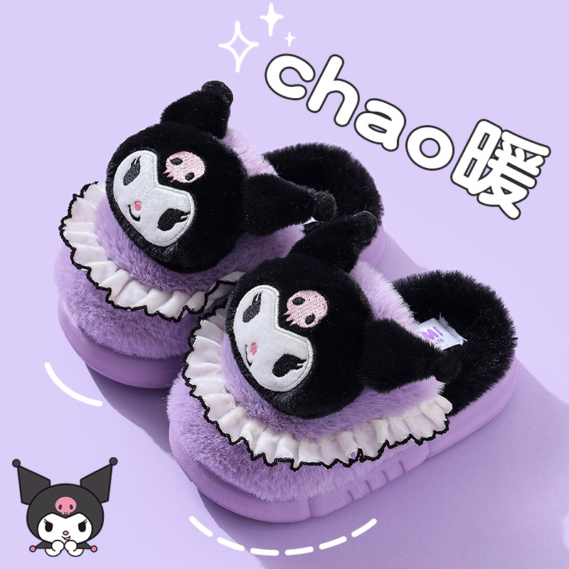 Sanrio Winter Zapatillas de algodón para niños Calidez para niñas más lana de terciopelo para niños en casa Bolso de bebé antideslizante con zapatos de algodón