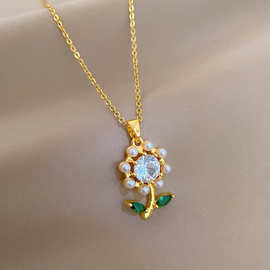 珍珠绿叶花爆款新款抖音钛钢项链男女饰品时尚个性网红简约