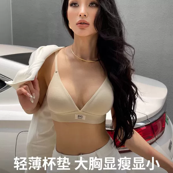 Big Chest Shown Small Underwear Women's Simple No Marring Lightweight Sports Style Bra Deep V Sexy Triangle Cup Bra