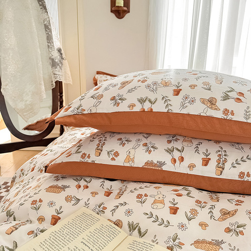 ins Feng washed cotton four-piece set summer double-layer yarn four-piece set non-cotton pure cotton bed sheet quilt cover bed sheet wholesale