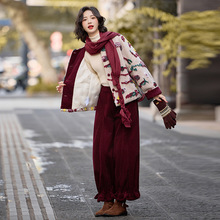 套装2025冬季新款立体花朵呢料羽绒服外套长裤围巾三件套 SY2807