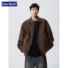 NASA美式棕色飞行夹克男春潮牌格纹拼接翻领棒球服高街巴恩风外套