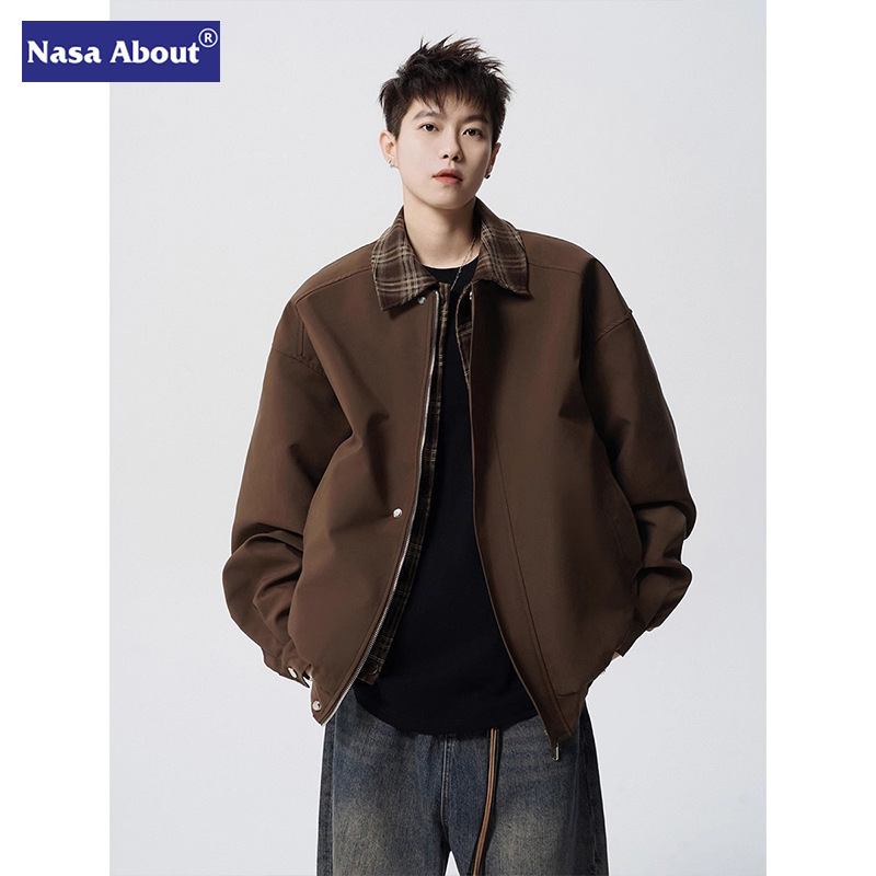 NASA American Brown Bomber Jacket Men's Chun Tide Brand Plaid Patchwork Lapel Baseball Suit High Street Barne Jacket