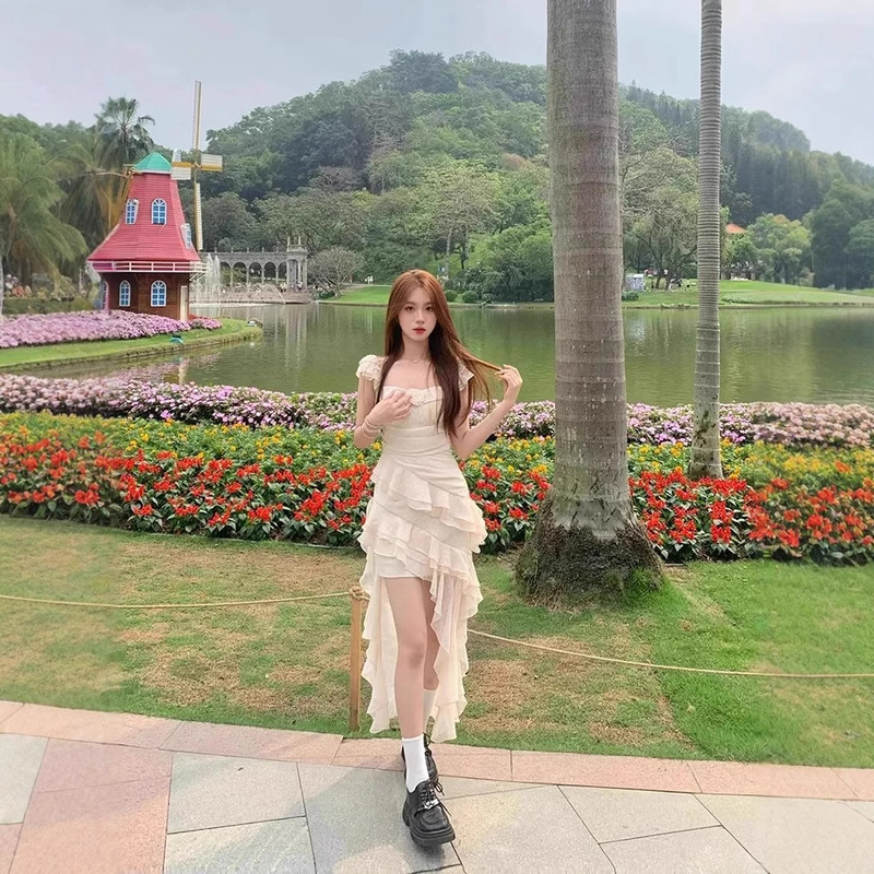 2025 Tea Break French First Love Irregular Ruffled Slim-fit dress Fairy Summer Beautiful Long Dress for the Sea