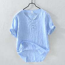 P742V领短T恤衬衣男亚麻薄短袖(下单需联系客服库存为准)