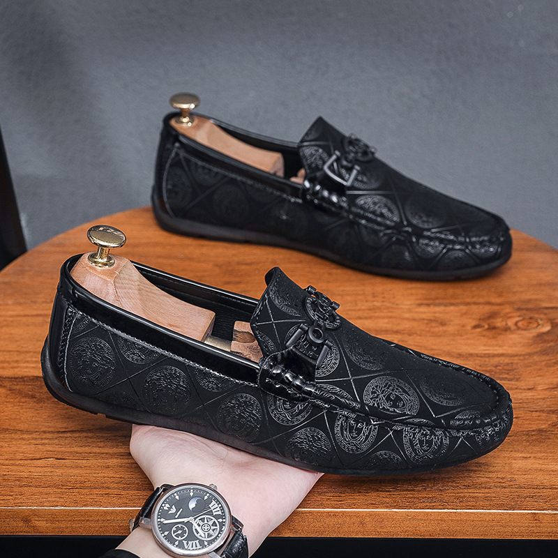 男鞋春秋黑色社會小伙豆豆鞋懶人軟底開車秋季一腳蹬休閒皮鞋潮鞋