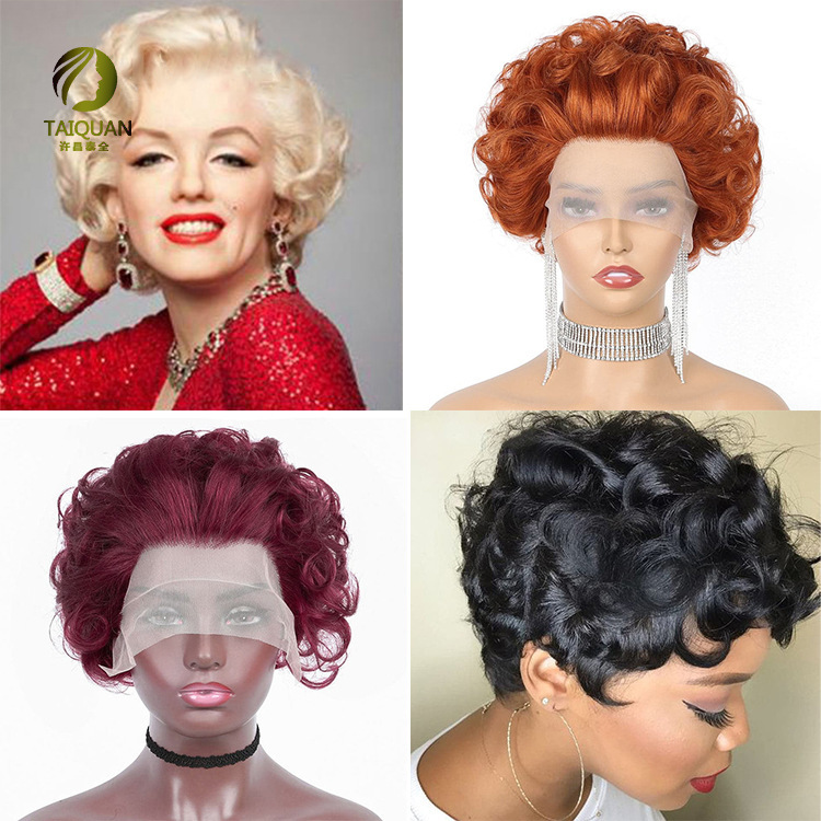 Front lace 13x 1 real Hair curly Hair Pixie Cut Human Hair Wig headgear