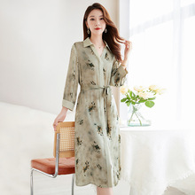 重磅真丝连衣裙女复古水墨印花长袖高端时尚印花系带桑蚕丝中长裙