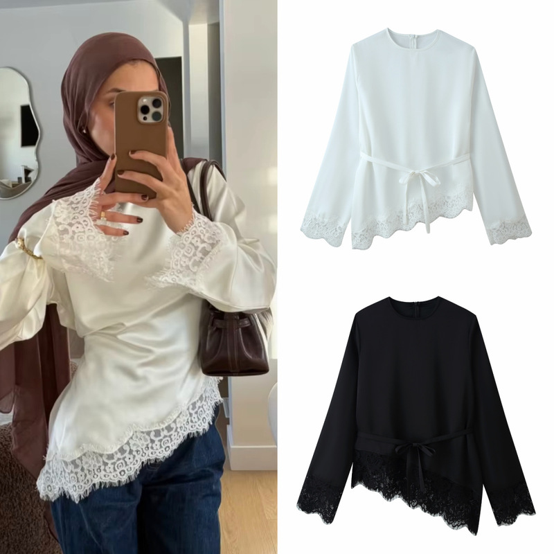 2026 Spring New Style Tops European and American Cross-Border Hot-Selling Women's Clothing Za Lace Base Shirt with Satin Patchwork Long Sleeve Top