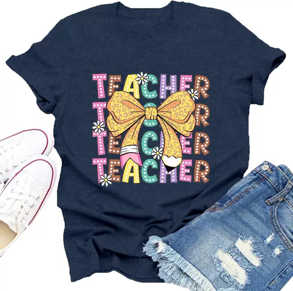 Dabon Teacher Shirts for Women Bow Pencil Teacher T-Shirt Tee