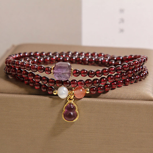 Natural Garnet Multi-layer Bracelet for Women, Light Luxury, Unique, High-end, Fortune-bringing and Luck-changing Amethyst Gourd Beads Bracelet