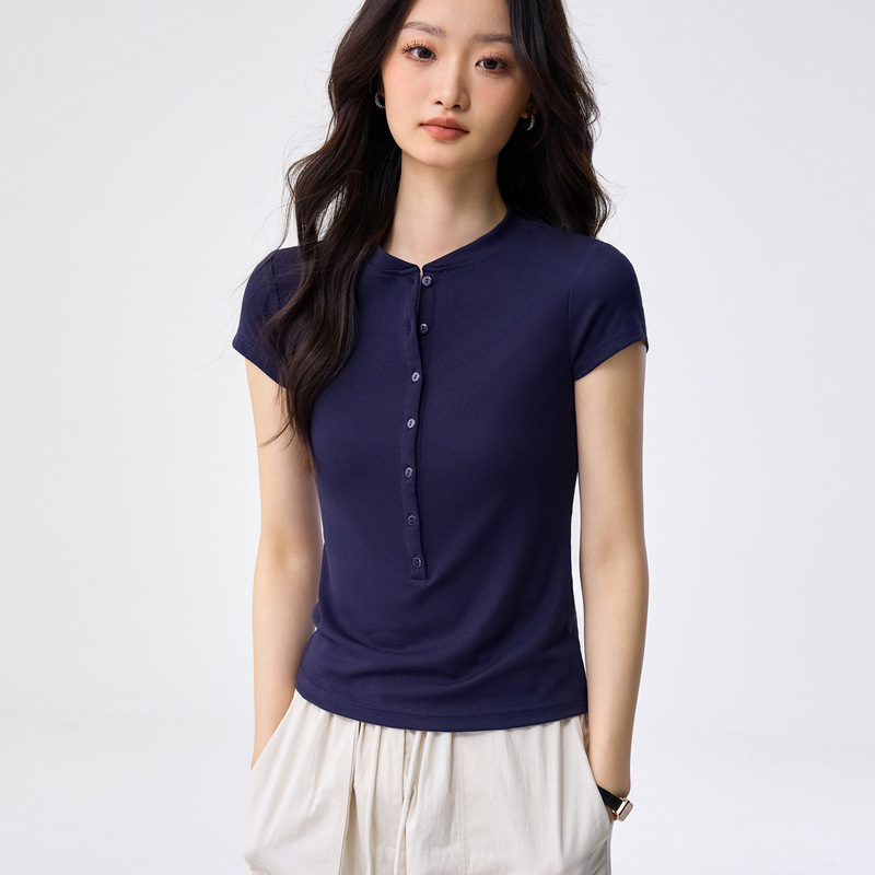 Tencel Lyocell Henley Collar Short-Sleeve T-Shirt for Women, New Summer Style with a Stylish Design, Buttoned, Slimming, Versatile Top Tencel Lyocell Henley Collar Short-Sleeve T-Shirt for Women, New Summer Style with a Stylish Design, Buttoned, Slimming, Versatile Top